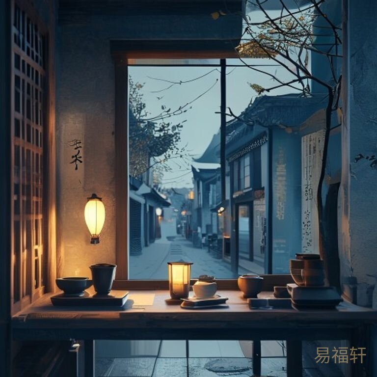 老式木桌上摆着笔墨纸砚和一盏油灯，窗外是旧时的街巷，晨光刚透过窗纸洒进来