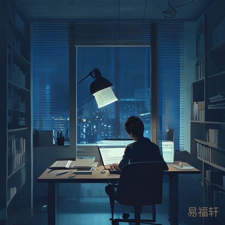 一个人深夜坐在书桌前，面前摊开一堆复习资料和笔记本，台灯昏黄的光圈只照亮桌面一小块，窗外是城市的夜色，桌上散落着笔和便签纸，画面透出孤独和压力感