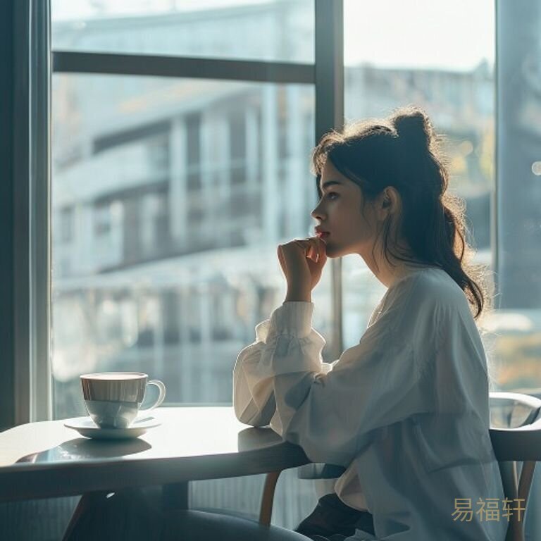 一位年轻女性独自坐在咖啡店的窗边，手托下巴望向窗外，桌上一杯半凉的咖啡，表情里有犹豫也有思考，午后阳光斜照进来