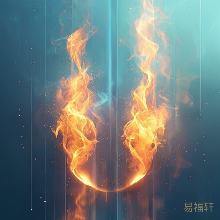 抽象意境画面——两团火焰在半空中交织，一团明亮温暖（丙火），一团跳跃闪烁（午火），背景是金属质感的柔和光晕，象征火炼真金的关系考验