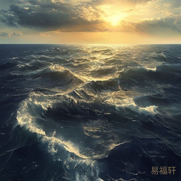 汪洋大海波涛汹涌，深蓝色海水望不到边际，海面下暗流涌动，象征能量强大但缺乏方向的困境
