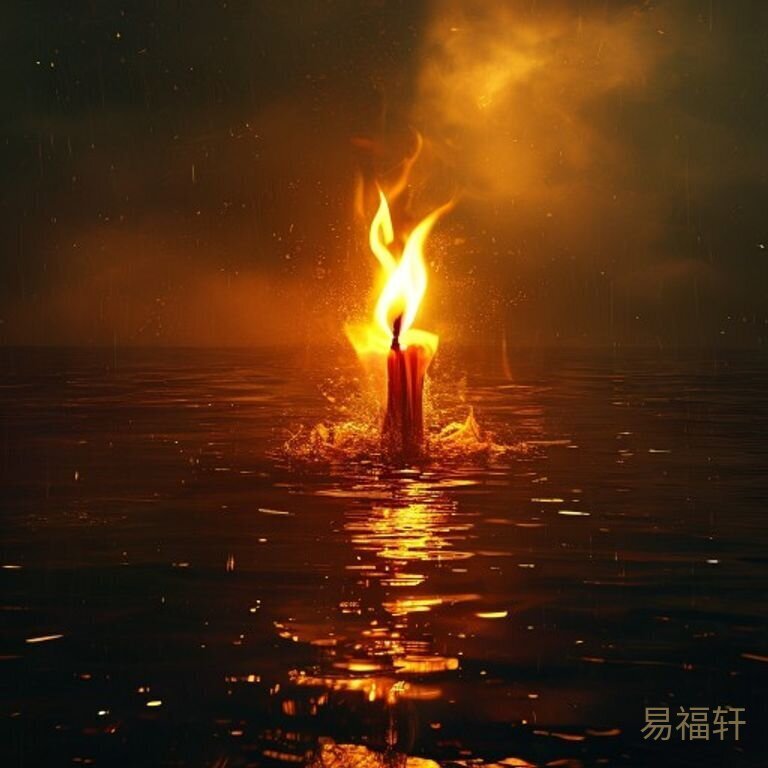 一盏烛火在风雨交加的海面上顽强燃烧，橙红色的火光映照深色海水，象征财星在水势中既脆弱又可贵