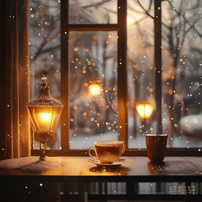 冬天的窗外飘着细雪，室内桌上一盏暖黄色的台灯亮着，旁边放着一杯冒热气的茶，光线柔和却微弱，暗示着寒意中的一点暖