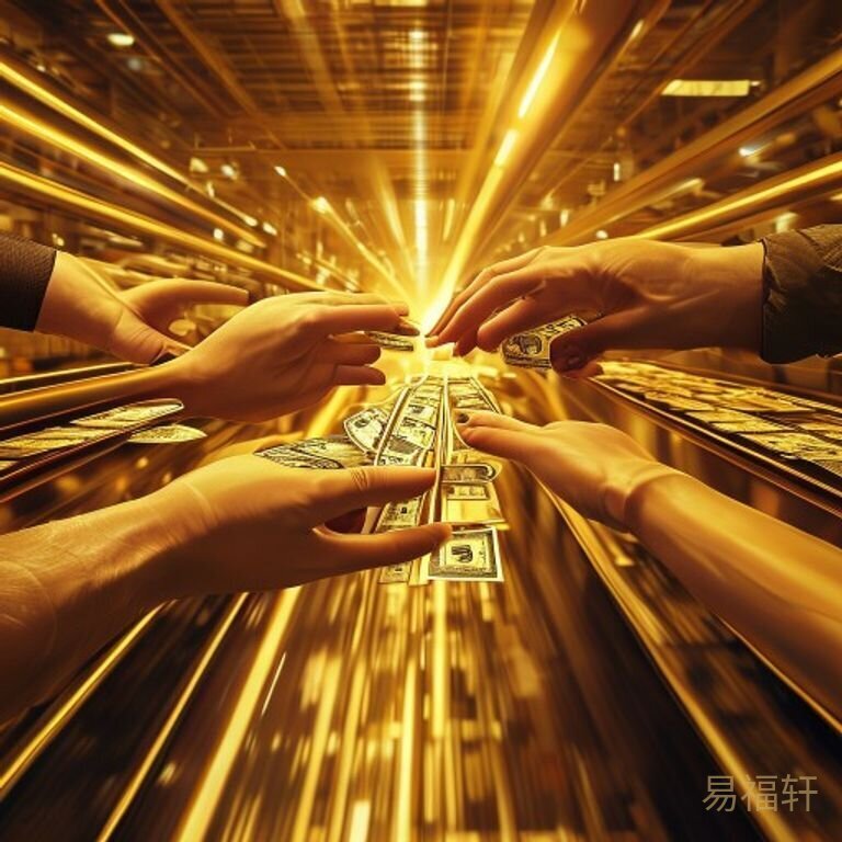 一条流水线般的工作场景，钞票从一只手传到另一只手，经过中间好几个人的手掌，最后到终点时已经薄了很多，象征财富经手不落袋