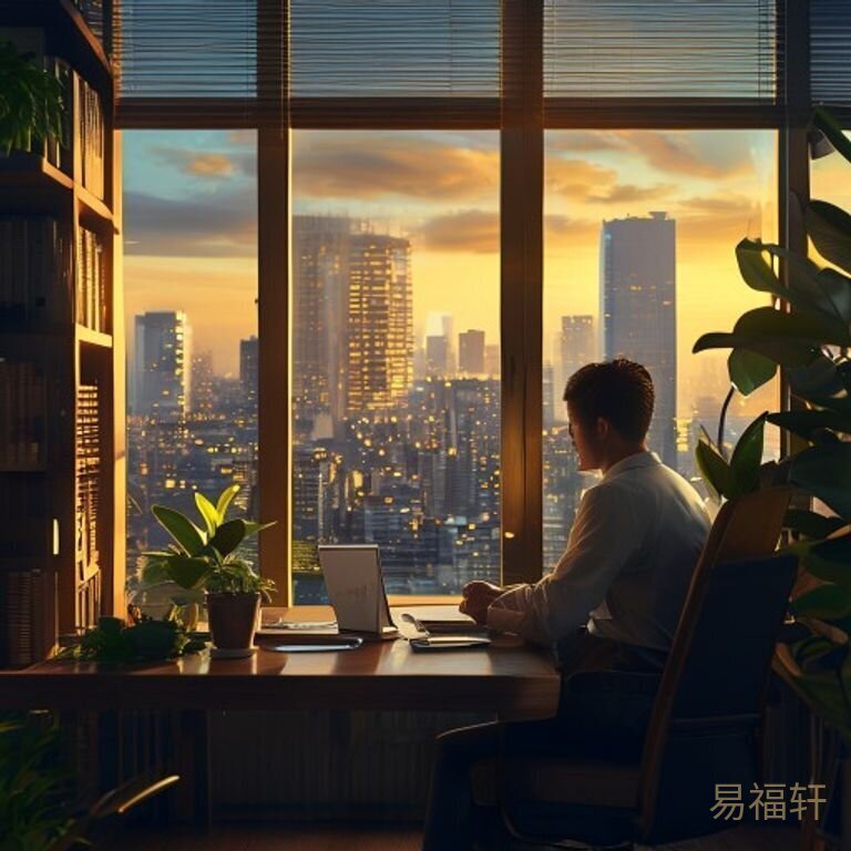 一位51岁左右的职场人坐在办公室窗前，身后是书架和绿植，面前桌上摊着文件和茶杯，他微微皱眉看向窗外黄昏的城市天际线，神情疲惫但眼神里仍有不甘