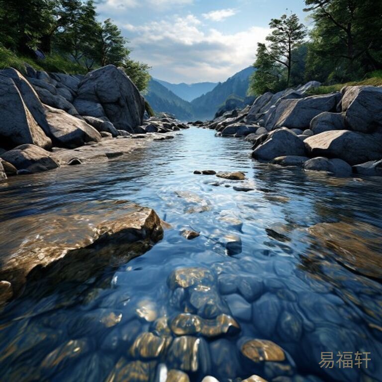 一条溪流穿过乱石堆，水流被几块大石头挡住分叉，几股细流从旁边渗出去，主河道的水量明显比上游少了很多