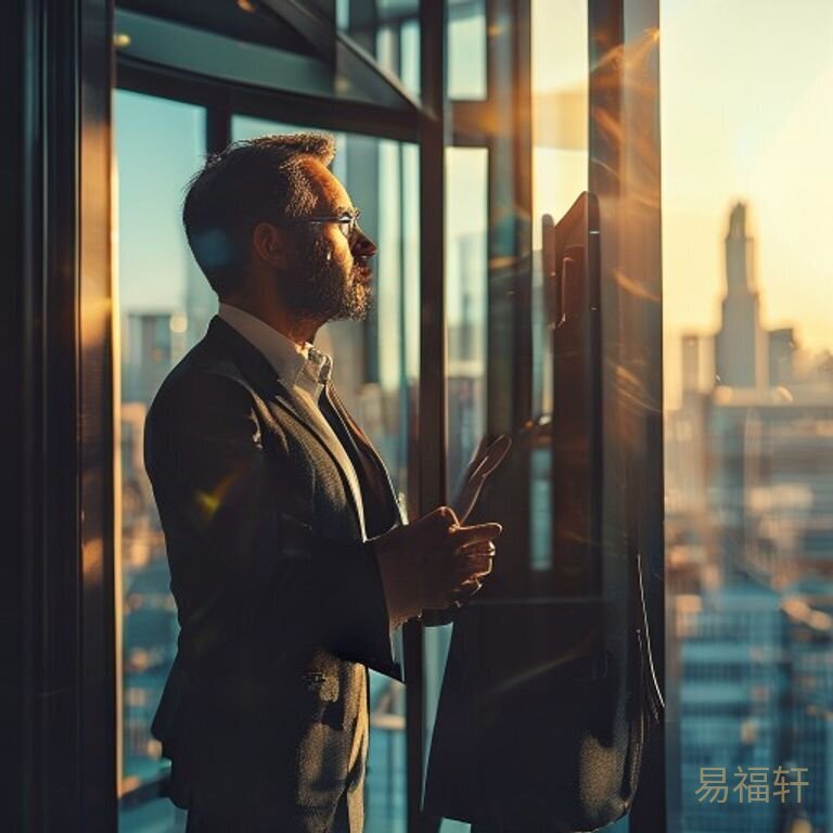 一位穿着商务装的中年人站在公司大楼的玻璃窗前眺望远方，一只手插在口袋里，另一只手轻轻握着窗框，阳光照在他半边脸上，表情沉稳中透着一丝期待