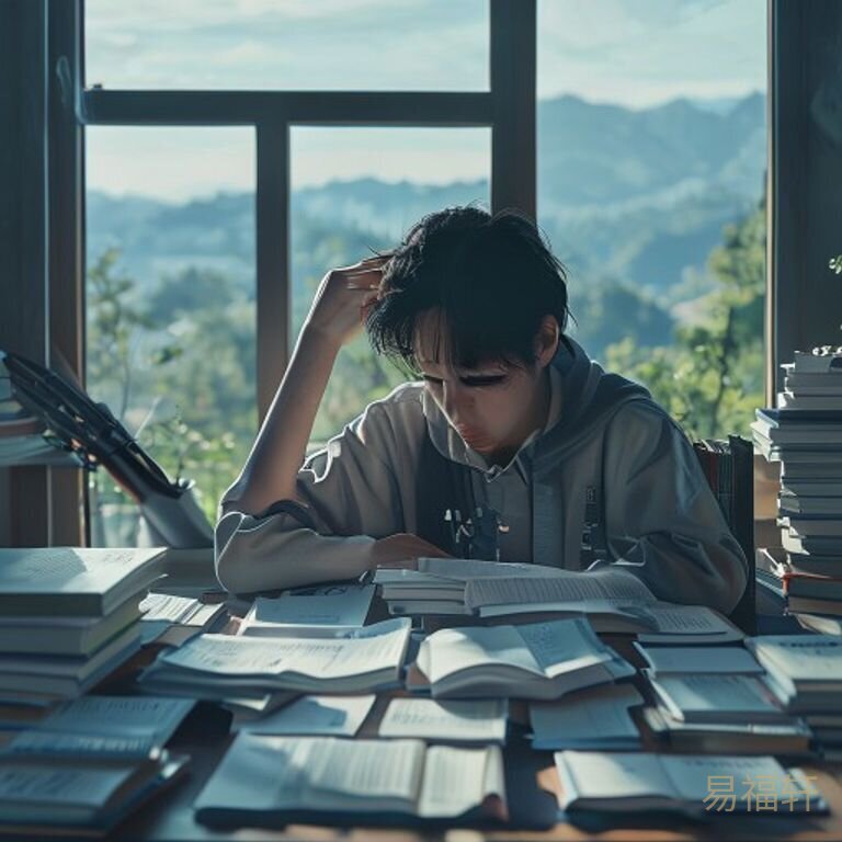 一个穿着校服的学生深夜坐在堆满书本的桌前，桌上有打开的课本和散落的试卷，一只手握着笔，眼睛却盯着窗外发呆，表情迷茫又疲惫