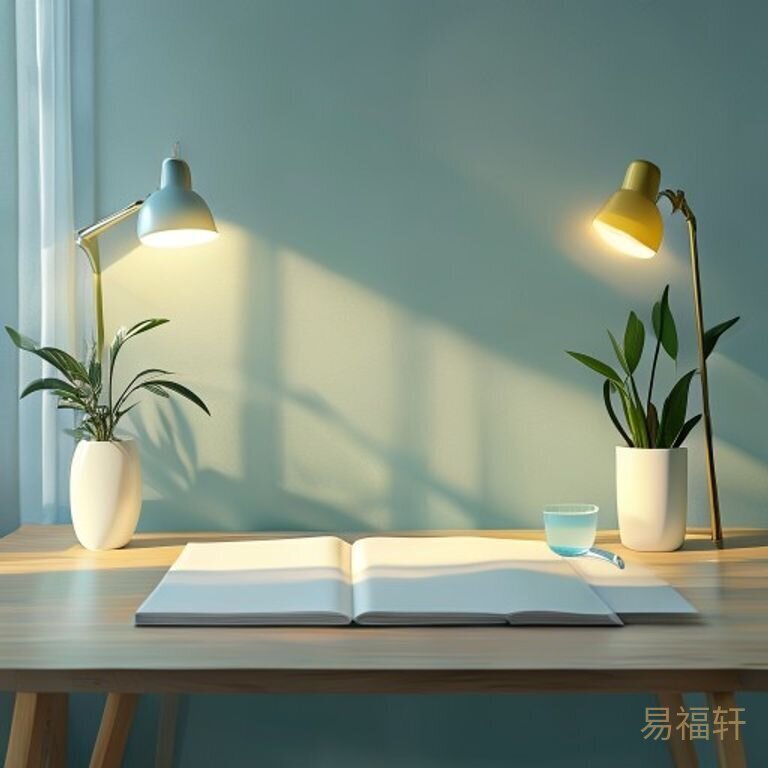 一张干净整洁的书桌，暖黄色台灯下放着翻开的笔记本和一支笔，旁边有一杯清水和一盆小绿植，窗外透进柔和的自然光，氛围安静舒适