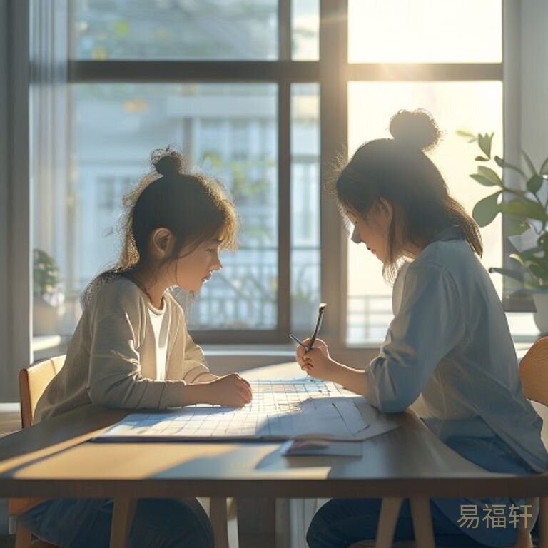 一位母亲和正在读中学的孩子面对面坐在桌前，桌上摊着日历和彩色便签，两人一起在规划学习时间表，阳光从侧面照进来，气氛温和有序