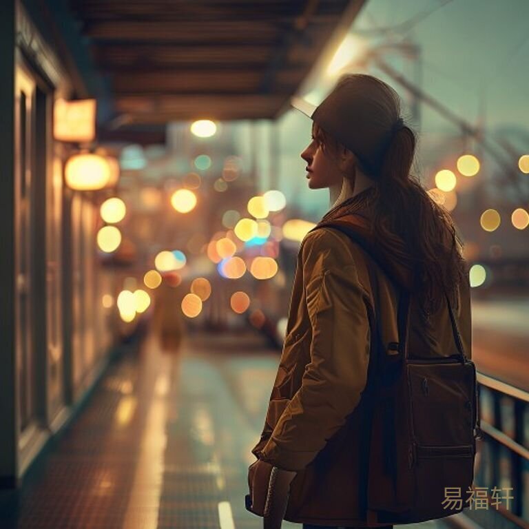 一个穿职业装的女性拉着行李箱站在高铁站，回头看，背后是模糊的城市灯光和远处小小的家乡轮廓