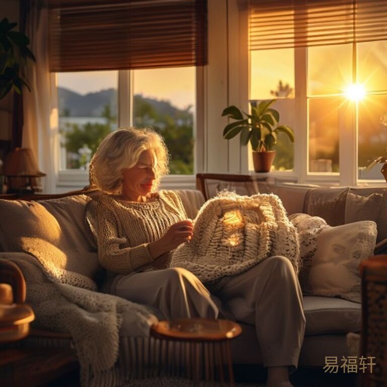 一个中年女性坐在老家客厅的沙发上，手边放着织了一半的毛衣，窗外是黄昏的光线，茶几上摆着一家人的老照片