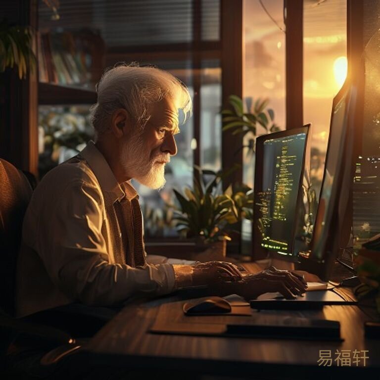 一位头发花白的中年男人坐在深夜的书房里，电脑屏幕发出微光，他表情沉思，手指停在键盘上
