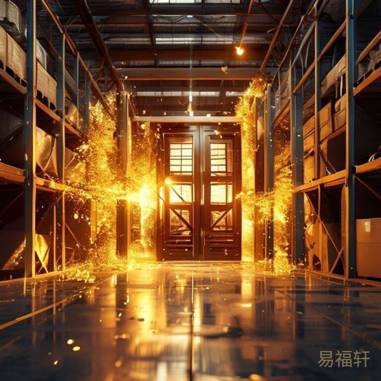 一座巨型仓库的双开大门正在被撞开，缝隙中透出耀眼的金色光芒，钢制门锁崩裂的瞬间，象征财富的爆发式到来