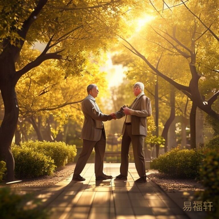 两位成熟稳重的中年男士在光线柔和的庭院里握手达成合作，前景是茂盛的银杏树和茶台，背景是秋季温暖的阳光，象征经验型合作与晚年财富的稳建增长
