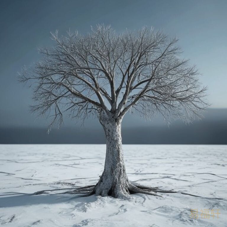 雪地里一棵落叶树根深扎冰下暗流，树干结实枝头光秃