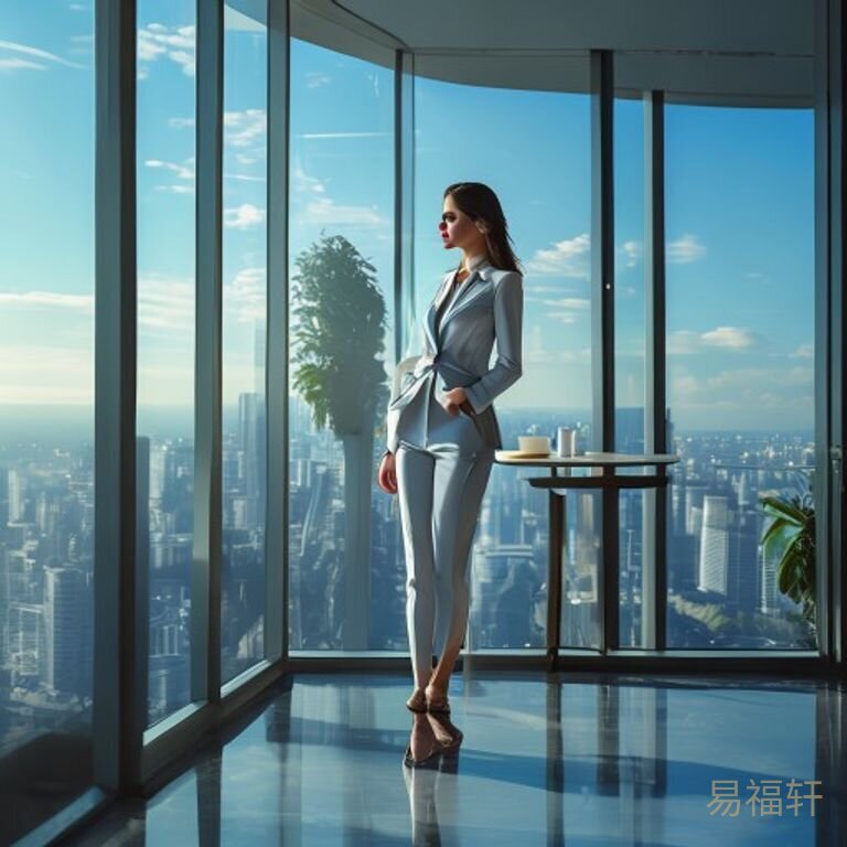 三十多岁的职场女性穿浅色西装站落地窗前端咖啡，城市天际线阳光洒在侧脸上