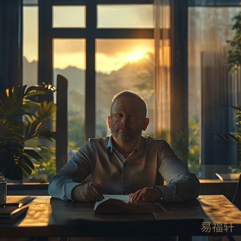 一位中年男人坐在办公桌前，夕阳透过百叶窗照在桌面上，神情若有所思
