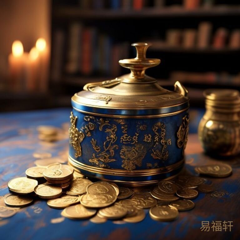 一只古朴的存钱罐立在书架上，旁边散落几枚硬币，温暖的灯光打在罐子上