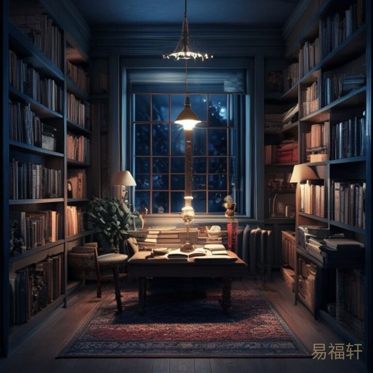 堆满书的书房，一盏台灯亮着，窗外是夜晚的城市灯光