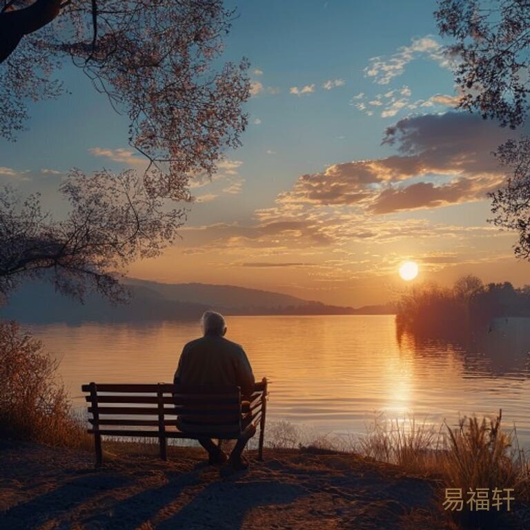 傍晚的湖边，一位老人坐在长椅上望着水面，远处有夕阳的余晖