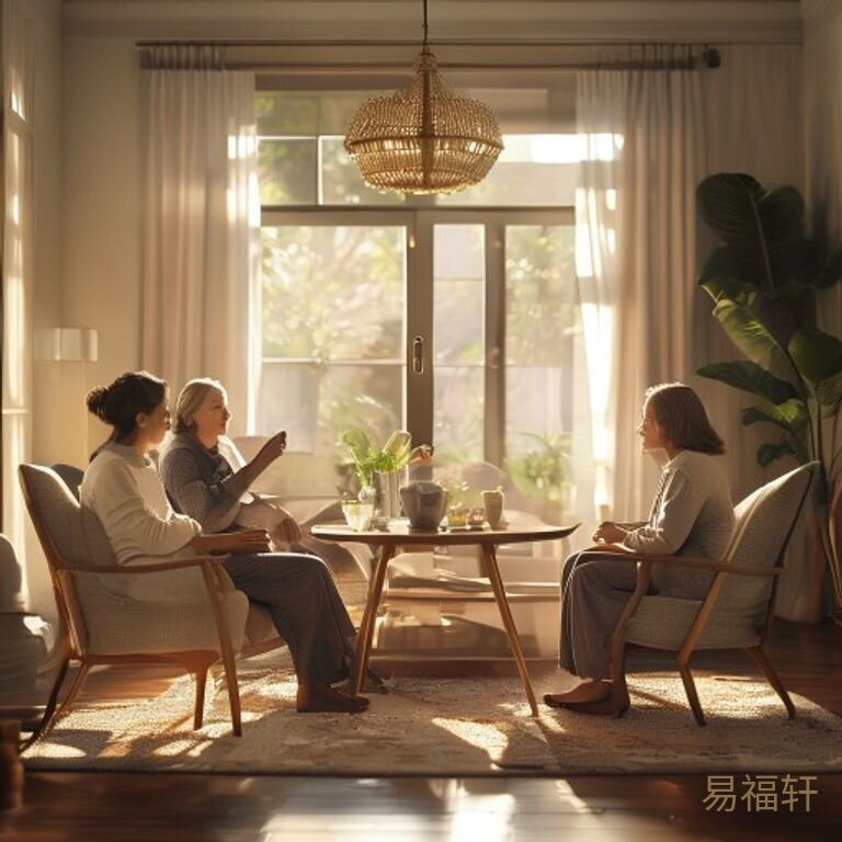 一间老式客厅，几个中年女人围坐着喝茶聊天，中间坐着一个神情落寞的女人