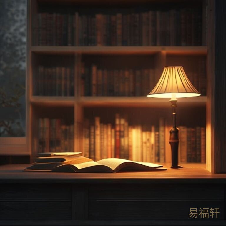 一盏台灯照亮书桌一角，旁边的书架沉浸在昏暗中，一本翻开的书静静躺着