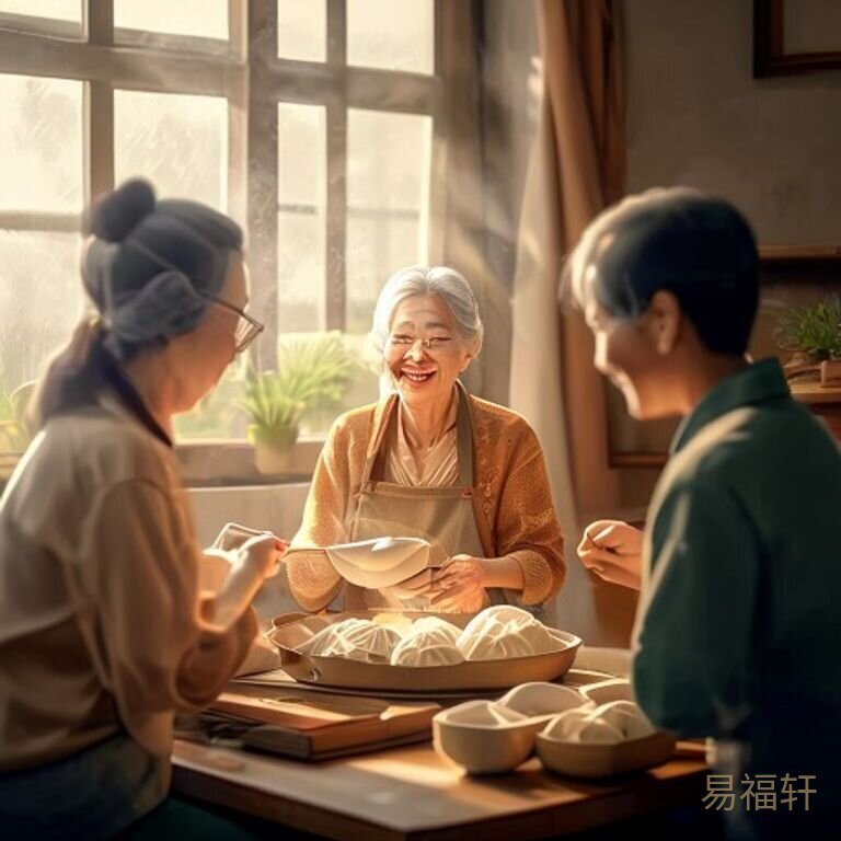 一个老年女人在社区活动室和几个人一起包饺子，脸上带着微笑