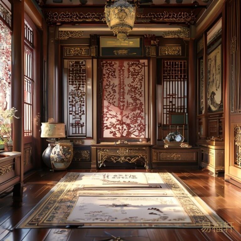 古色古香的官府衙门内景，红木案桌上放着官印和文书，背后是深色屏风