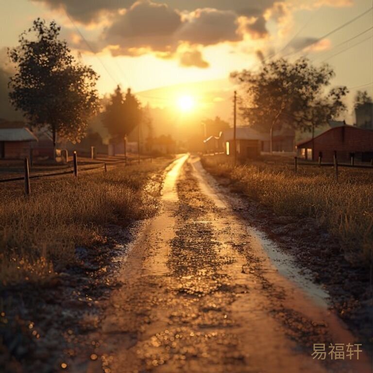 夕阳下一条乡间小路，路边的泥土被踩得坚实平整，远处是安静的村庄