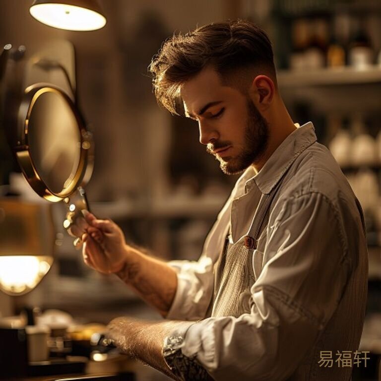 一个理发师在工作台前专注地为客人理发，镜子里映出他认真的表情