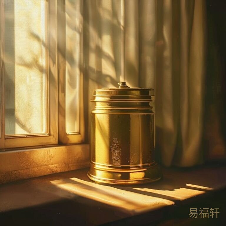 一个老式存钱罐放在窗台上，阳光透过百叶窗在地上投下条纹光影