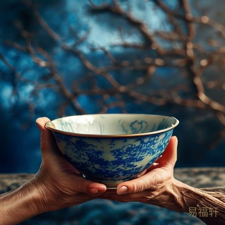一双手捧着一只旧瓷碗，碗里的水面映出窗外的树枝和天空，老人手上的皱纹像河流一样清晰