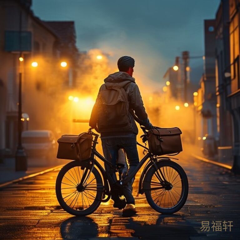 一个少年在黄昏的镇子街道上骑着老式自行车，后座夹着一个帆布包，远处的炊烟升起来