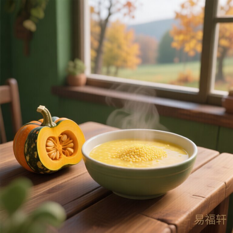 一碗热腾腾的黄色小米粥放在木桌上，旁边有半个切开的小南瓜，窗外是秋天的萧瑟景色