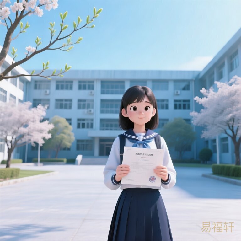 一个高中女生站在大学校园里，手里拿着录取通知书，远处是教学楼和春天正在冒芽的树