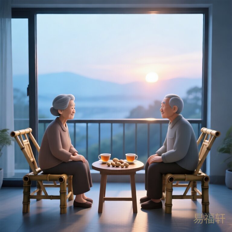 一对老夫妻坐在阳台上，两把竹椅面对面，中间一张小桌上放着花生壳和两杯茶，夕阳斜照