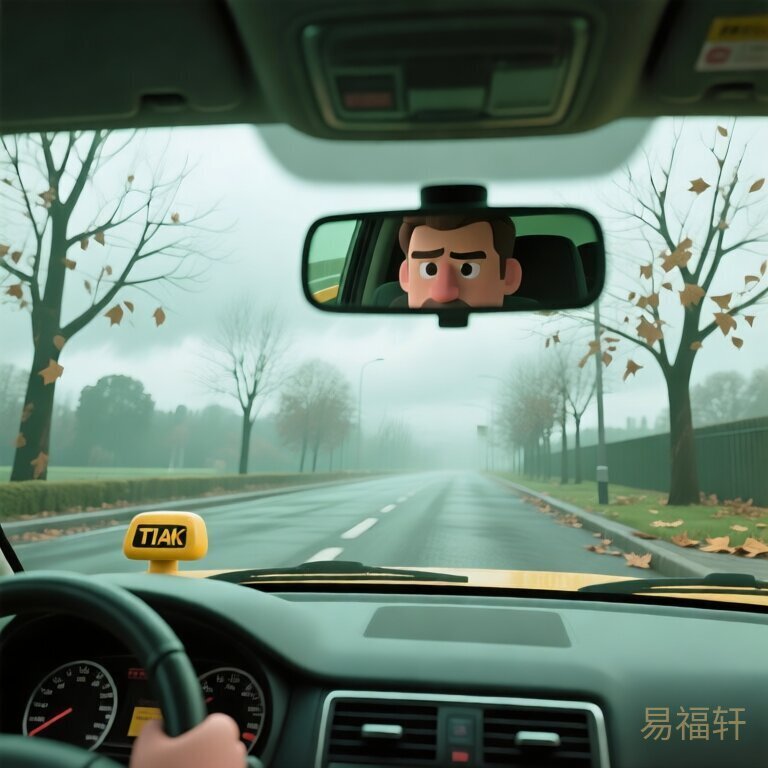 一个出租车司机坐在驾驶座上，从后视镜里能看到他的脸，车窗外是阴天，路边的树已经掉光了叶子