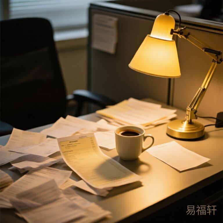 办公桌上的工资条和账单散落着，暖黄色的台灯照着，一杯喝了一半的咖啡，氛围略带焦灼