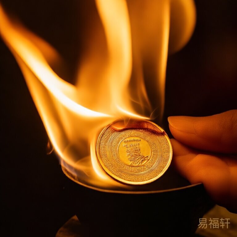 传统元素艺术化呈现——暖色调的火苗舔着一枚金币的边缘，金币表面有轻微焦痕，火光影影绰绰中有人影伸手