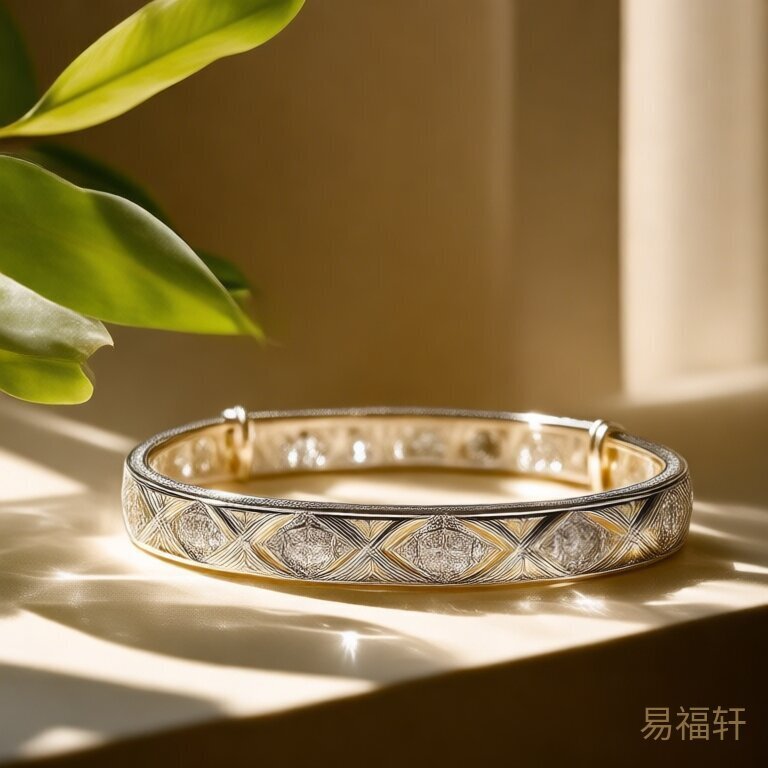 银手镯和白色水晶摆件在窗边阳光下静物组合，旁边一杯清茶，绿植点缀，干净治愈的氛围