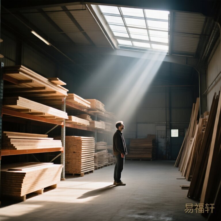 一间空旷的建材仓库，只有一个人站在堆满木板的架子前面，阳光从天窗斜着照进来