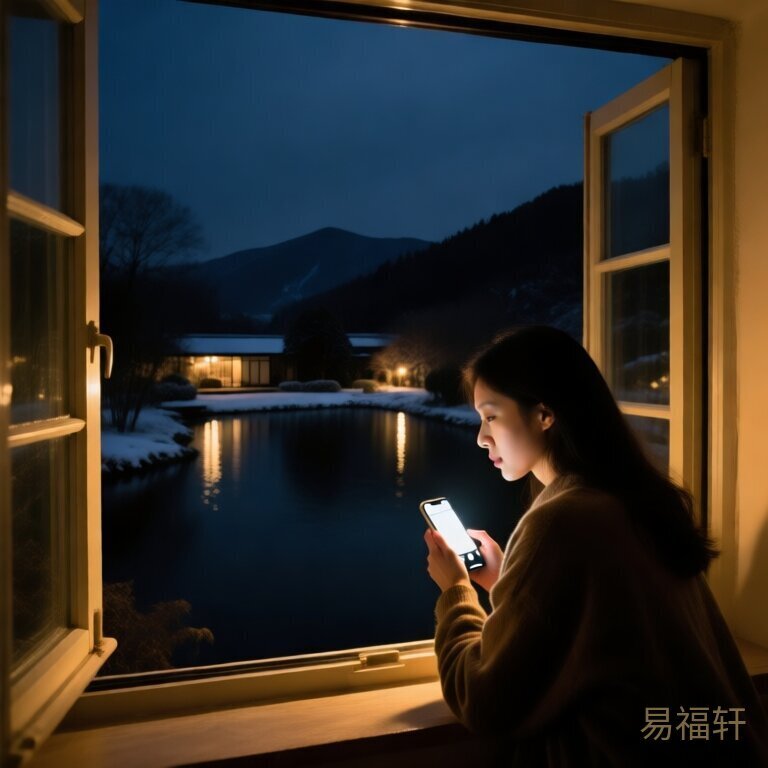 深夜房间里手机屏幕照亮人脸，窗外的冬夜漆黑一片，远处隐约有河面反射的微光