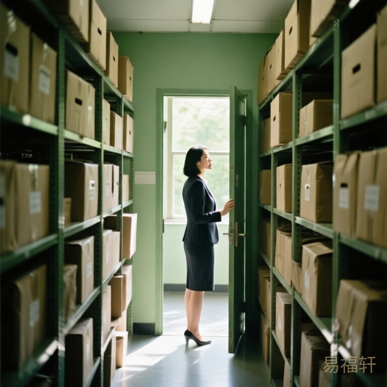 一间堆满纸箱的档案室，一个穿职业装的女人站在门口往里看，阳光从窗户照进来
