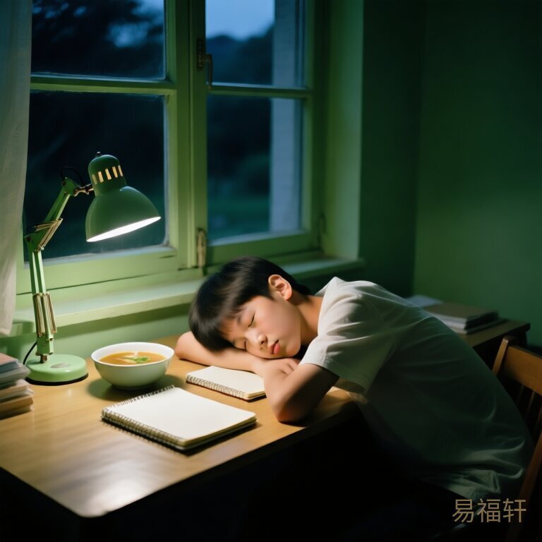 一张书桌上放着灯、笔记本和一碗汤，窗外是深夜，一个少年趴在桌上睡着了