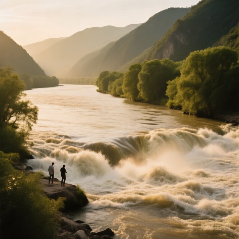 一条宽阔的河流从山间奔涌而出，水势充沛浪花翻涌，岸边绿树成荫，河水向东流去