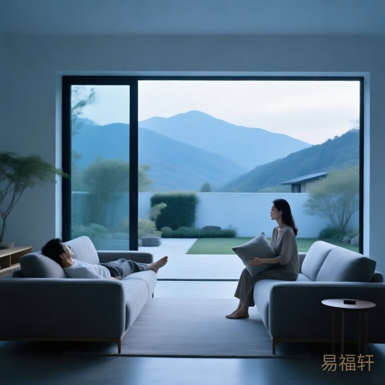 两个沙发并排放着，一个上面躺着一个人在看电视，另一个坐着一个女人，手里捏着靠垫
