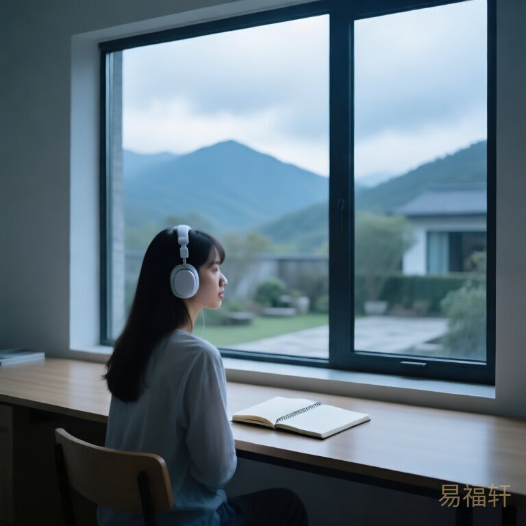 一个女孩坐在书桌前，头上戴着耳机，面前放着摊开的笔记本，窗外是阴天