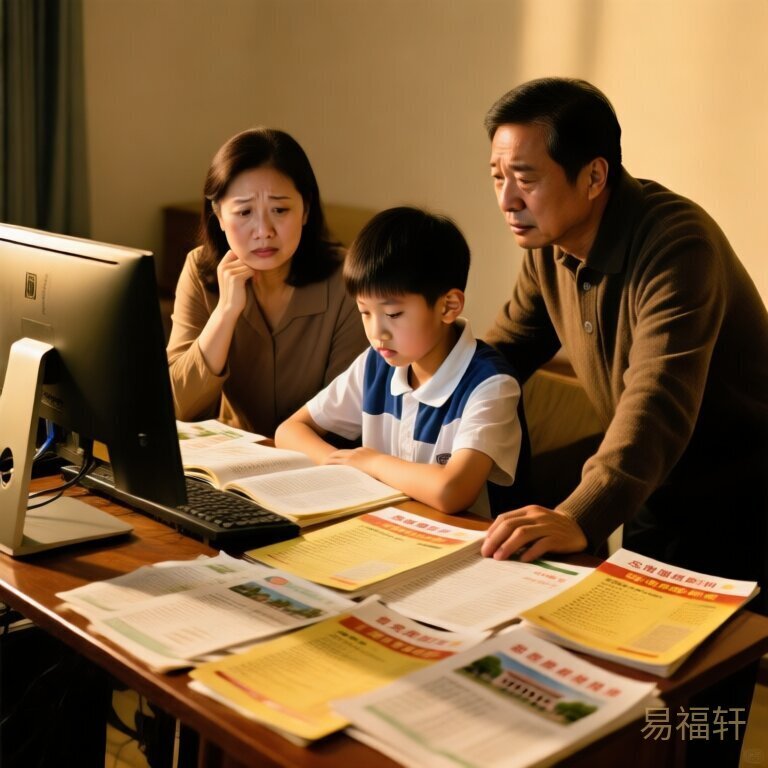 高考后一家人围在电脑前翻厚厚的志愿填报指南，桌上散落着各校招生简章，父母神情焦虑，孩子低头沉思