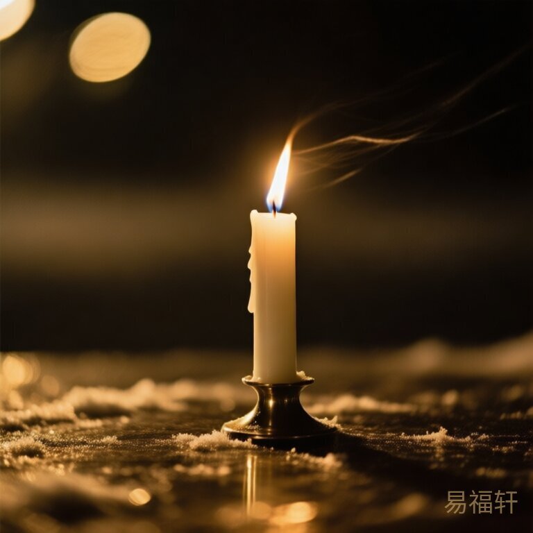 一根白蜡烛在暗夜的寒风中摇曳，烛火微弱，周围映着冷金属的光泽，画面肃杀孤独